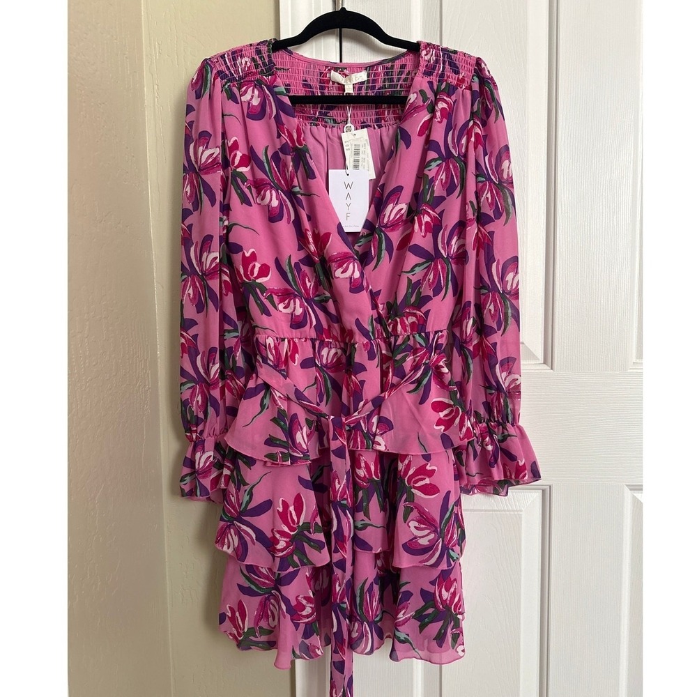 NWT WAYF Pink Floral Tiered Ruffle Mini Dress Smocked Long Sleeve Large